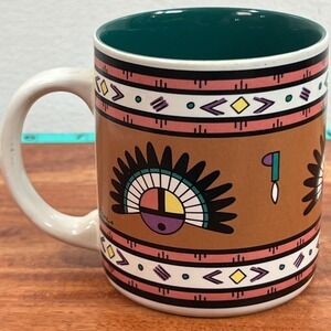 Vintage Kane Kachina Southwestern Sunface Coffee Mug‎ Teal Interior Ceramic